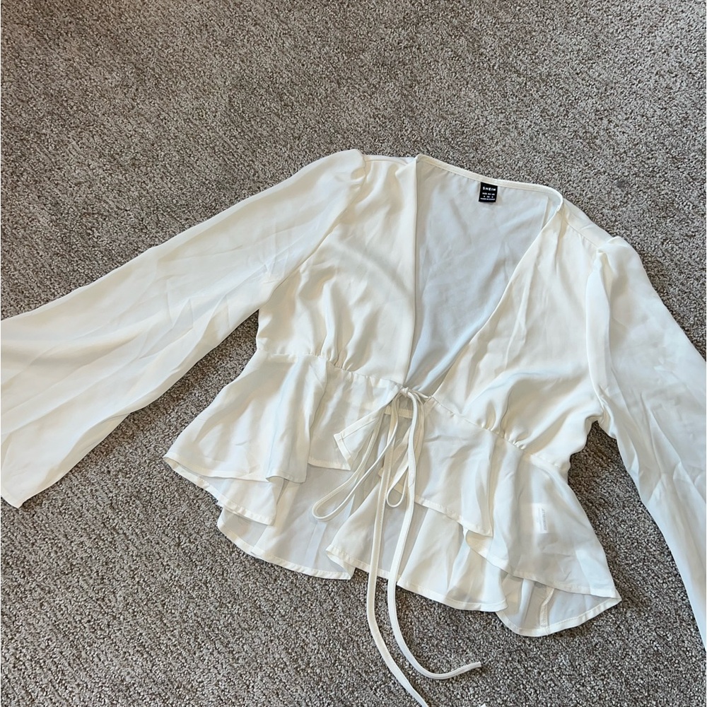 Cute silky off white front tie long sleeve